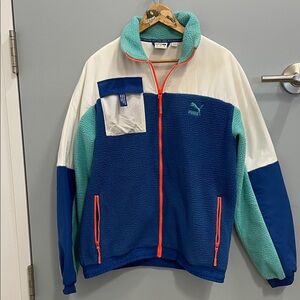 Puma Blue and Teal Fleece Jacket with Orange Accents